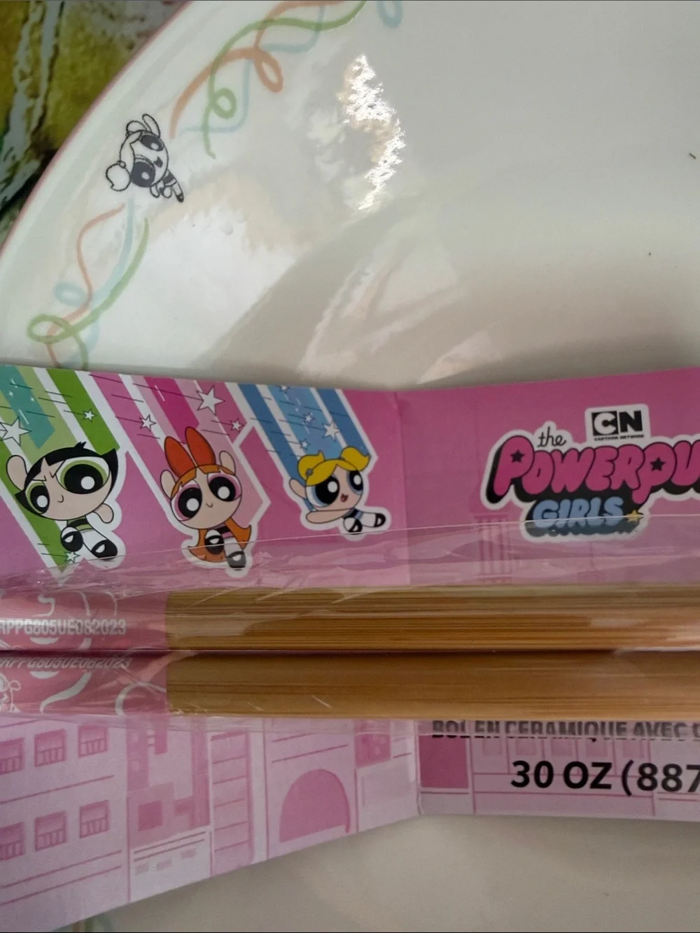 Cartoon Network White Ceramic noodle bowl with chopsticks powerpuff girls